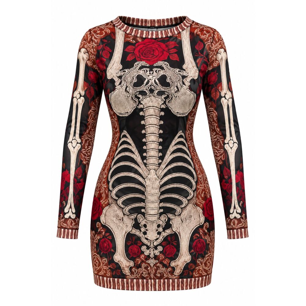 Black Skeleton Rose Graphic Long Sleeve Mini Dress - Never Worn